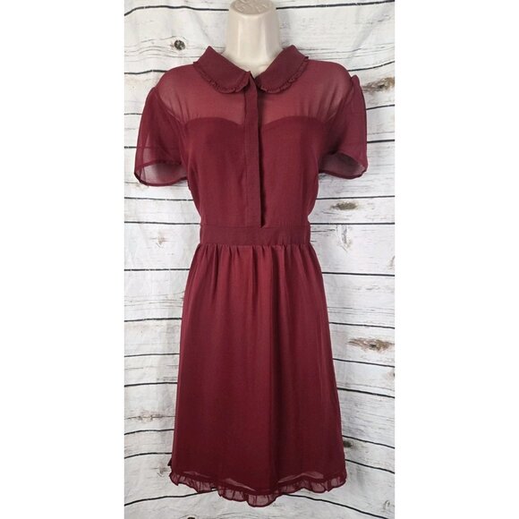 Modcloth Burgundy Sheer Chiffon Dress XL NEW Ruffle Fit & Flare Collared - Picture 1 of 8